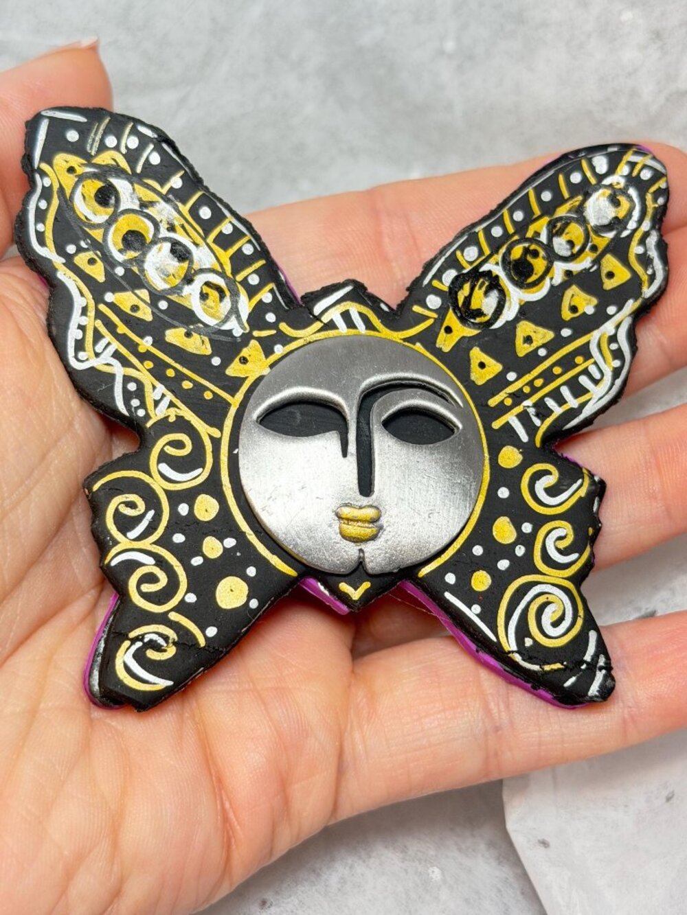 OOAK Butterfly Face Brooch Handmade Hand Painted Wood Art Pin 3 inches
